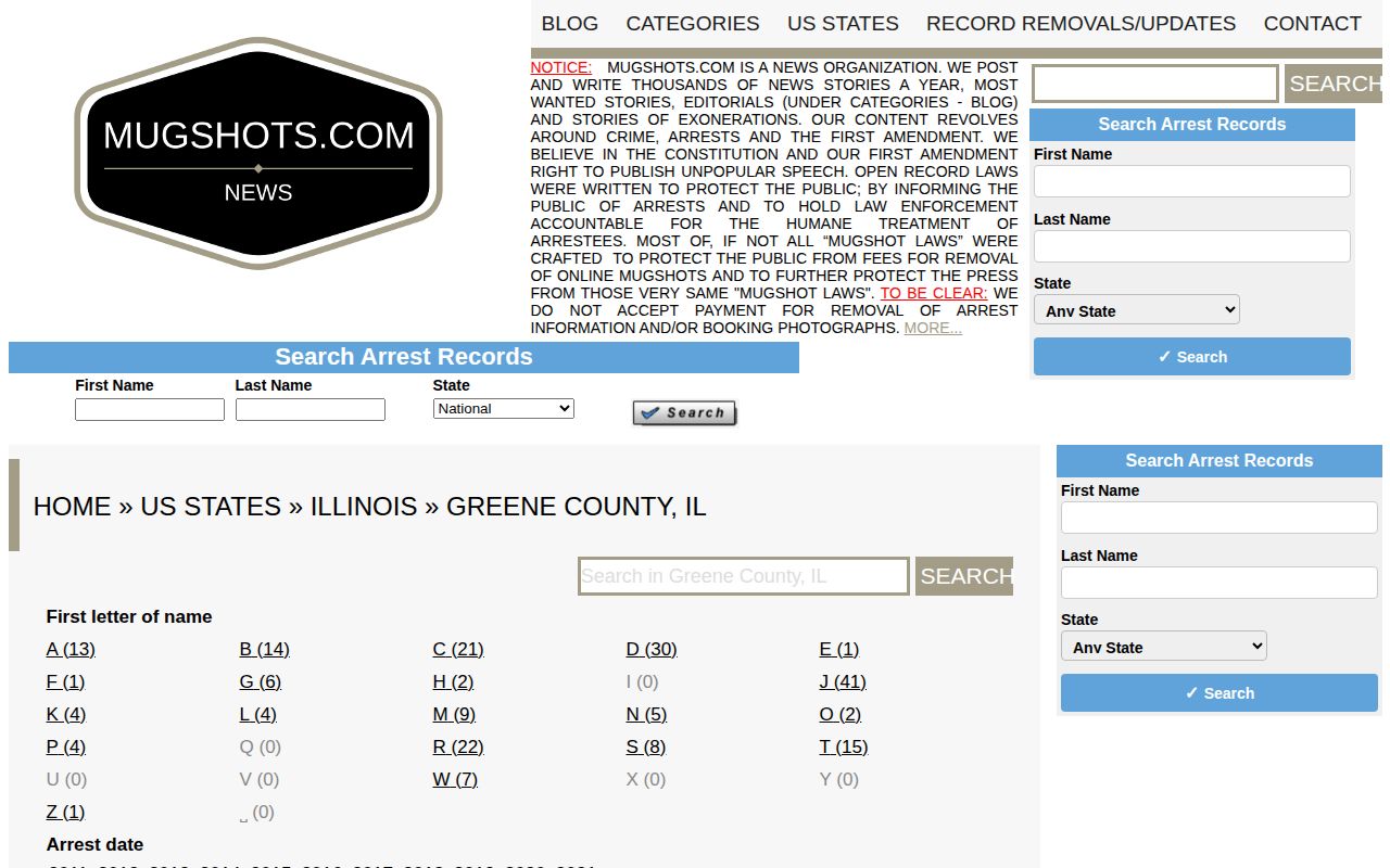 Greene County mugshot record index from Mugshots.com historical coverage